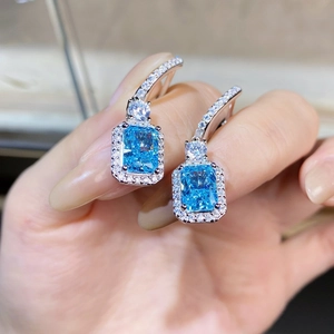 Elegant S925 silver drop earrings with emerald-cut blue aquamarine and pavé diamonds