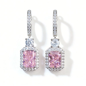 Elegant S925 sterling silver earrings featuring radiant cut pink gems and white zircon