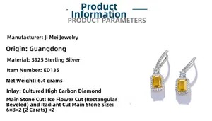 Detail of 2ct yellow radiant cut earrings in S925 sterling silver with 6x8mm main stone