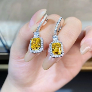 Luxury S925 silver hoop earrings with 2 carat radiant cut yellow diamond gemstones