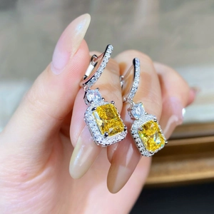 S925 sterling silver yellow diamond halo earrings with 2 carat radiant cut ice flower gems
