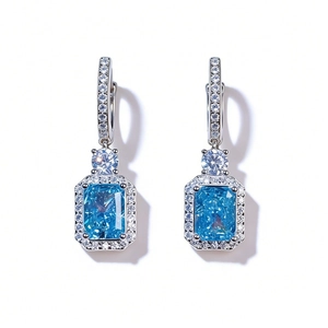 Elegant S925 sterling silver aquamarine earrings with rectangular halo diamond setting