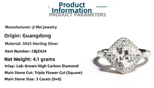 Vue détaillée de la bague en argent S925 avec diamant carbone carré de 3ct 8x8mm