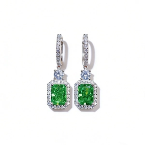 S925 sterling silver radiant cut emerald green drop earrings with diamond halo