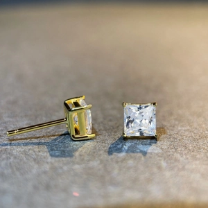 Classic 925 silver stud earrings with D-color radiant cut moissanite in 4-prong gold setting