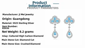 Detail of S925 sterling silver drop earrings with blue high carbon diamond stones