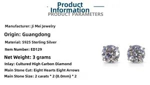Detailed view of S925 sterling silver four-prong stud with 2ct moissanite diamond stone