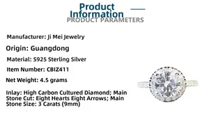 Detail of 925 sterling silver ring featuring a 3ct moissanite with heart and arrow cut