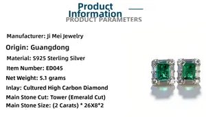 Detail view of 2ct emerald cut green earrings in S925 sterling silver setting