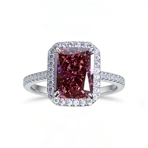Bague élégante en argent S925 avec pierre rose de 3 carats et halo de diamants brillants