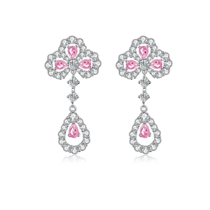 S925 sterling silver clover earrings featuring pink pear-cut gems and white diamond accents