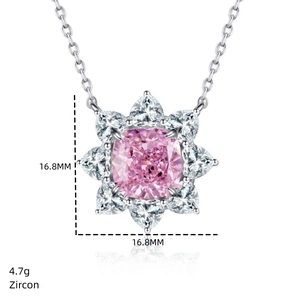 Macro shot of 16.8mm sunflower necklace with pink zircon and silver petals