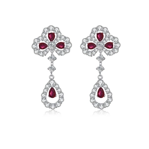 Elegant S925 silver four-leaf clover drop earrings with red pear-cut ruby gemstones