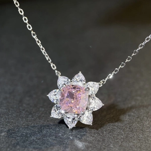 S925 silver necklace with pink sunflower pendant featuring halo diamonds and a thin chain