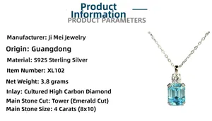 Detailed specs of S925 silver necklace featuring an 8x10mm emerald-cut blue zircon pendant