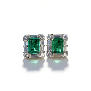 Elegant S925 silver emerald cut green stud earrings with halo rectangular zirconia gems