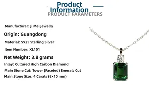 Macro view of S925 sterling silver necklace with 4ct emerald cut green carbon diamond