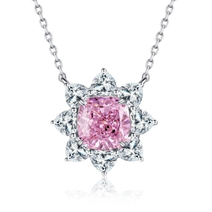 S925 sterling silver necklace with pink flower pendant featuring cushion-cut center stone