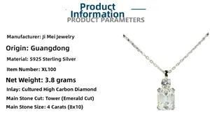 Detail of S925 silver necklace featuring a 4ct emerald cut high carbon diamond pendant