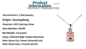 Macro detail of S925 silver necklace with 4ct emerald-cut pink carbon diamond pendant