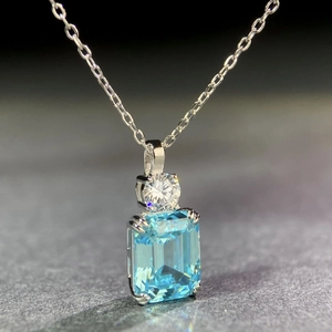 Elegant S925 silver necklace with emerald cut blue gemstone and zircon pendant