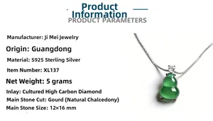 Macro detail of S925 silver necklace with a 12x16mm green chalcedony gourd pendant