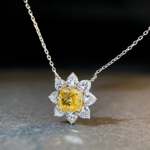 Collier tournesol en argent S925 avec pierre jaune et diamants en forme de poire luxe
