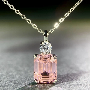 925 silver necklace with pink emerald cut gemstone pendant and silver chain