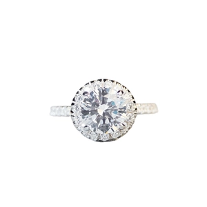 925 silver halo ring featuring a large round-cut moissanite stone in classic claw setting