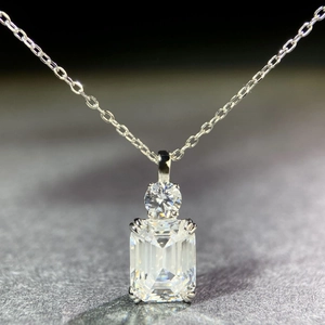 S925 silver emerald-cut and round zircon double stone pendant necklace with fine chain
