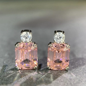 925 silver stud earrings with emerald-cut pink gemstone and round white accent stones