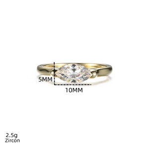 Detail view of 10x5mm marquise cut zircon ring with dimensions and 2.5g weight specs