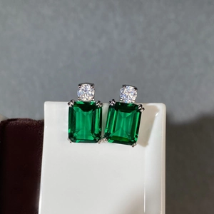 S925 sterling silver earrings with emerald-cut green gemstones and white zircon stones