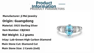 Vue détaillée de la bague en argent S925 avec gemme bleue 2ct et pavé de diamants