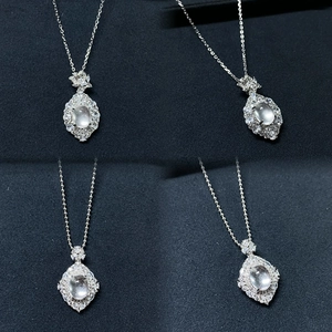 Elegant 925 Sterling Silver Natural Water Foam Jade Pendant Necklace Oval Cabochon Rhinestone Pave Necklace Jewelry For Women