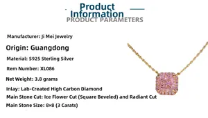 Détail macro du collier en argent S925 avec pendentif diamant rose 3ct taille radiant