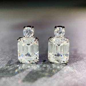 Elegant S925 sterling silver earrings with emerald-cut zircon and round accent stones