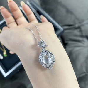 Elegant S925 sterling silver necklace with translucent oval stone and zircon halo