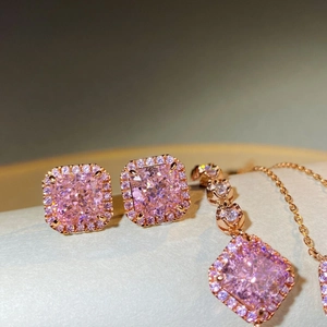 Parure collier et boucles d'oreilles en argent S925 avec diamants roses et or champagne 18K