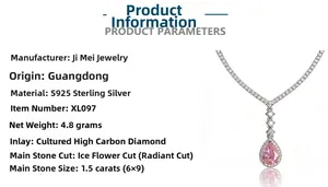Detail showing S925 sterling silver V-necklace with a 1.5ct pink pear-cut radiant diamond