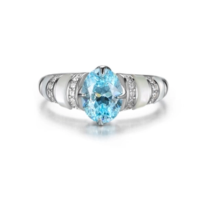Bague élégante en argent S925 avec une pierre bleue ovale et incrustation de nacre blanche