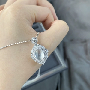 S925 sterling silver necklace with oval translucent gemstone pendant and crystal halo
