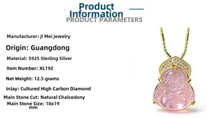 Close-up of pink chalcedony Buddha pendant with S925 sterling silver and carbon diamonds