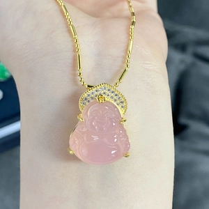 S925 sterling silver gold plated necklace with pink Buddha pendant and crystal details
