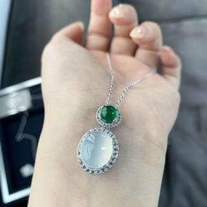 S925 silver necklace featuring vertical green and icy white jadeite double pendants