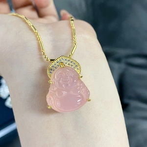 S925 silver laughing Buddha necklace with pink crystal pendant and gold bamboo chain