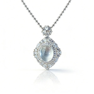 Elegant S925 sterling silver necklace with oval icy moonstone pendant in white gold finish