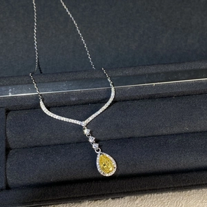 S925 Sterling Silver necklace featuring a pear-cut yellow gemstone pendant for women