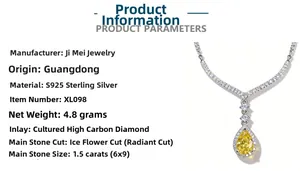 Detailed view of S925 sterling silver necklace with radiant cut yellow gemstone pendant