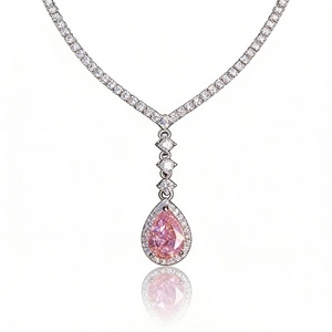 Luxury 925 silver V-shaped necklace with pear-cut pink radiant diamond pendant